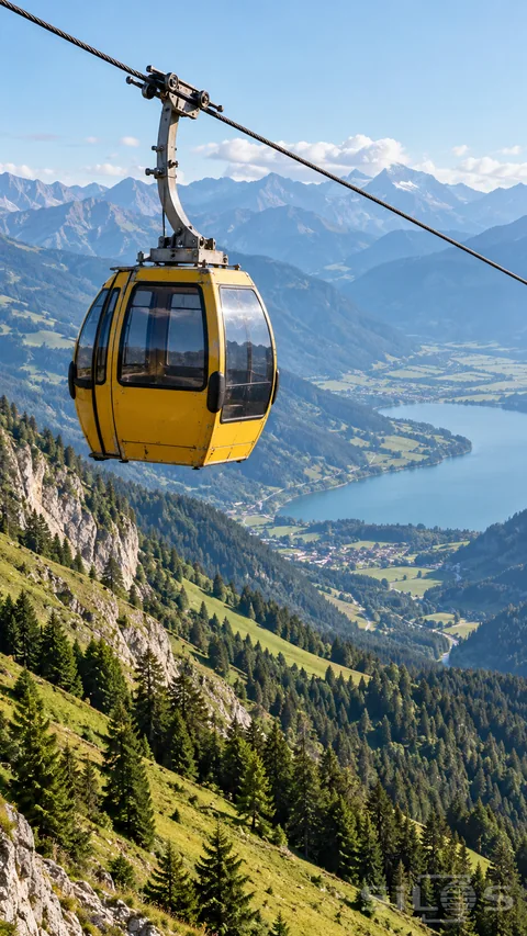 An ochre-yellow cable car hangs from an overhead cable above green alpine slopes and a blue mountain lake.