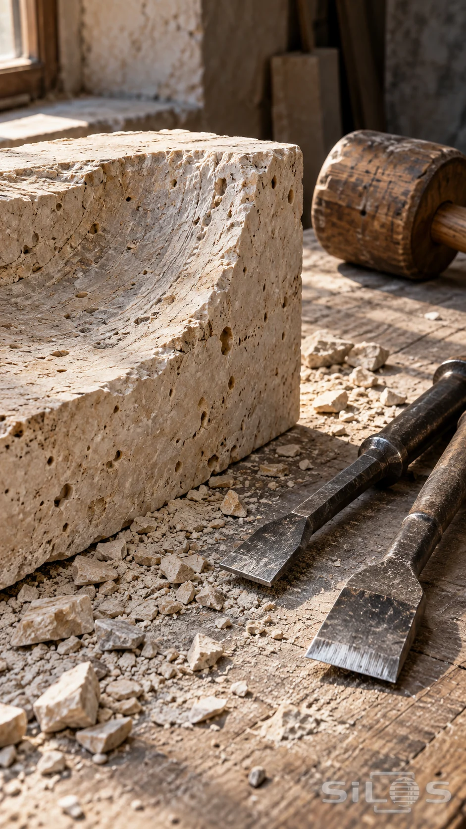 Two steel chisels and a worn wooden mallet lie beside a curved cut in a pale porous stone block with scattered chips.