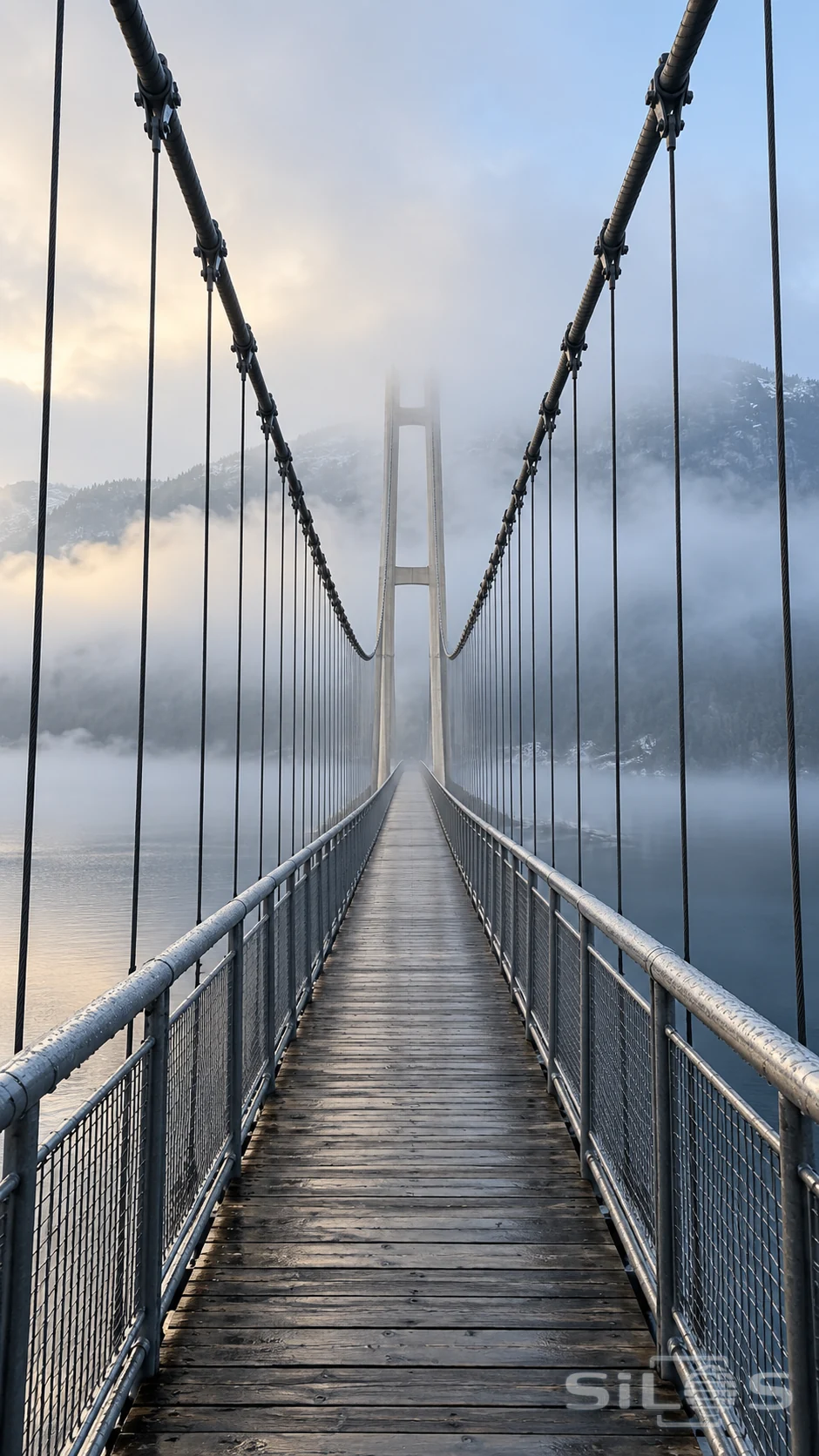 Steel cables and a weathered timber footbridge converge toward a pale tower through mist above calm mountain water.