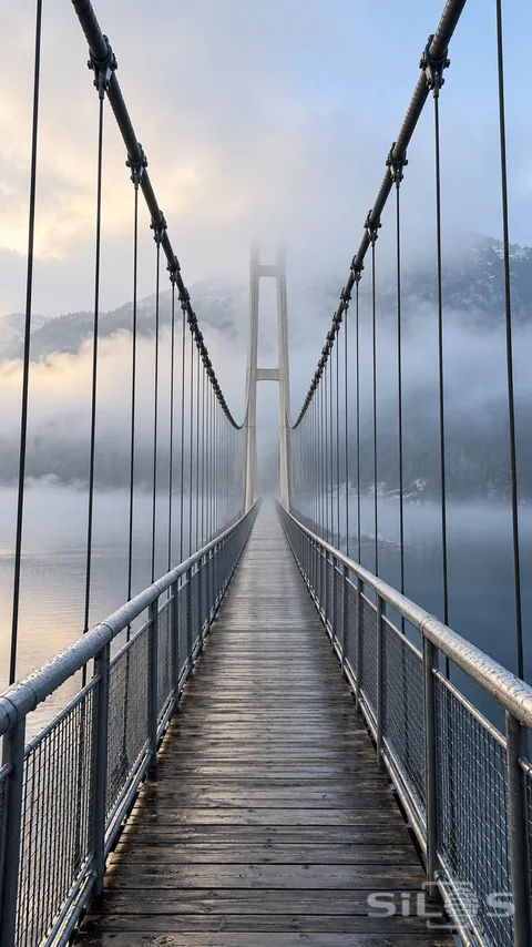 Steel cables and a weathered timber footbridge converge toward a pale tower through mist above calm mountain water.