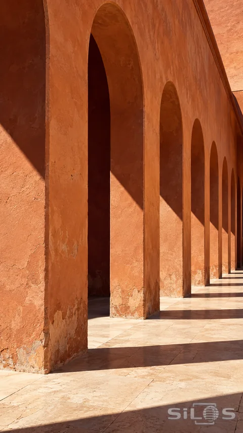 Tall terracotta plaster arches recede through strong sunlight and dark geometric shadows above a pale stone floor.