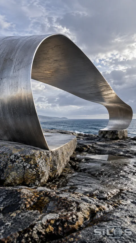A broad silver metal ribbon curves between stone supports above weathered coastal rocks and blue sea.
