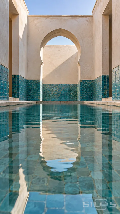 A pale pointed arch and turquoise ceramic tiles reflect in the rippling water of a quiet courtyard pool.