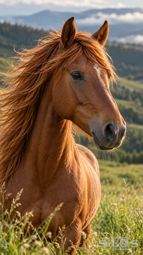A chestnut horse turns into the breeze as its mane catches the soft light