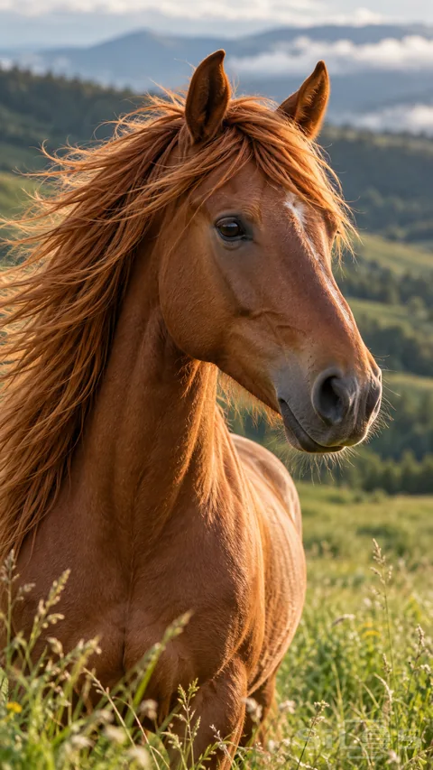 A chestnut horse turns into the breeze as its mane catches the soft light