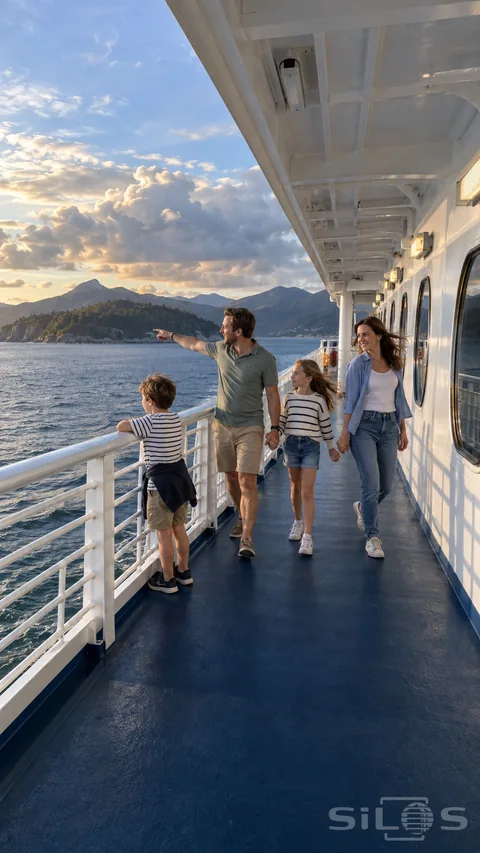 A mother; father and two children walk along a ferry deck beside a mountainous coastline in late afternoon light.