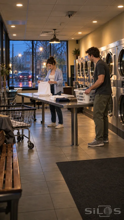 A young woman folds a towel while a young man rests a laundry basket on a steel table in a warmly lit laundromat at blue hour.