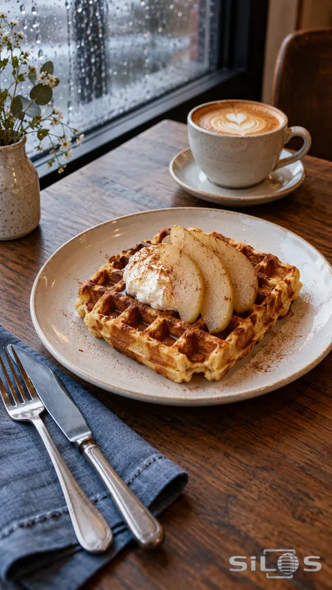 A crisp waffle with fruit and coffee catches soft café window light