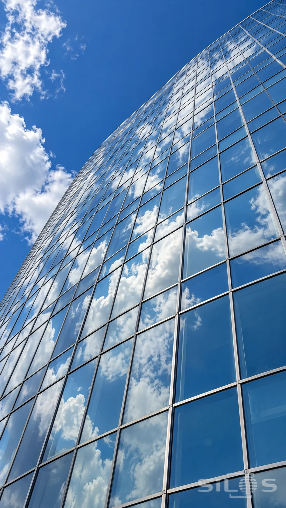 Pale clouds ripple across the reflective glass grid of a modern city tower