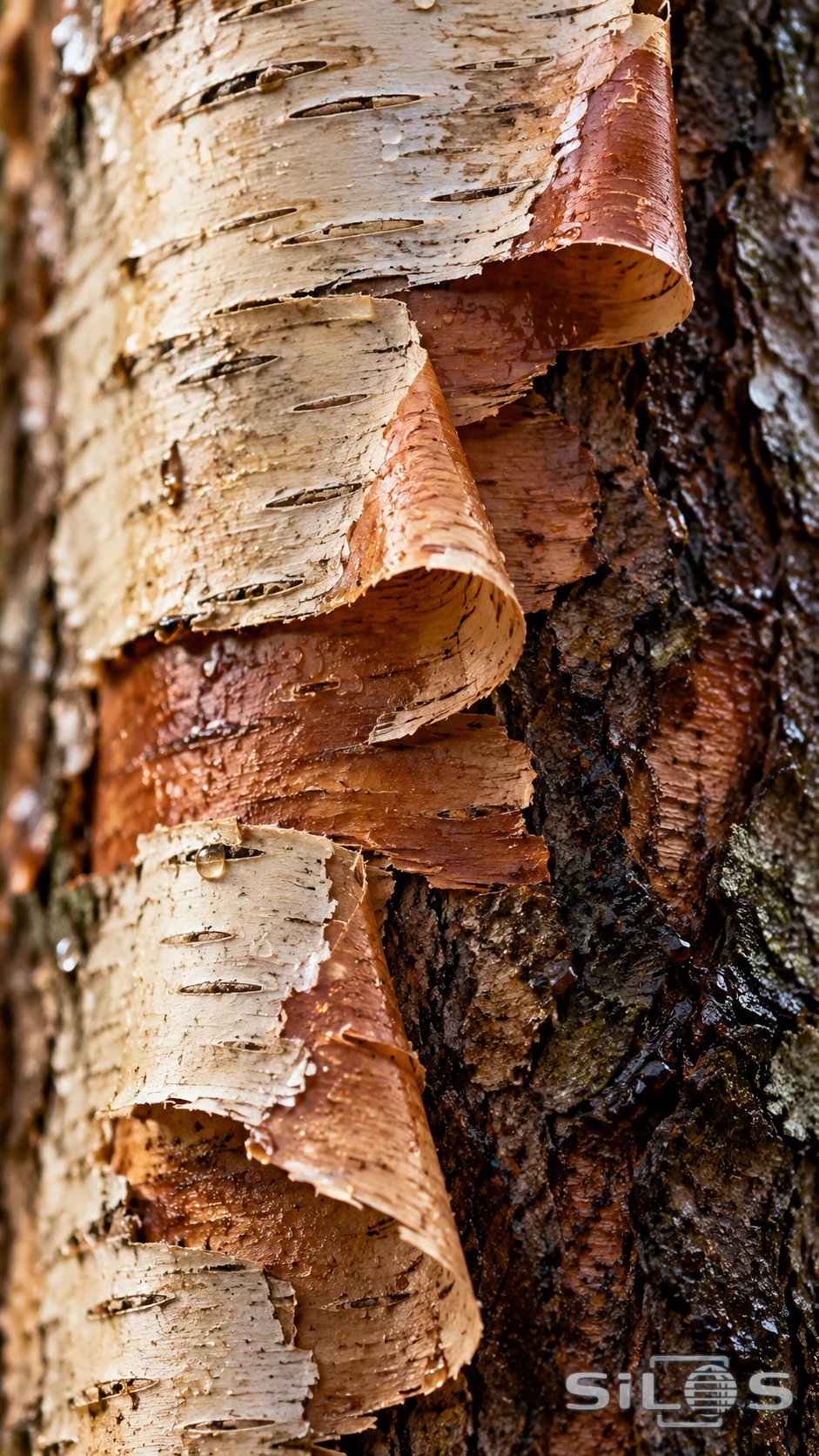 Thin copper and ivory birch-bark ribbons curl above a rain-dark trunk