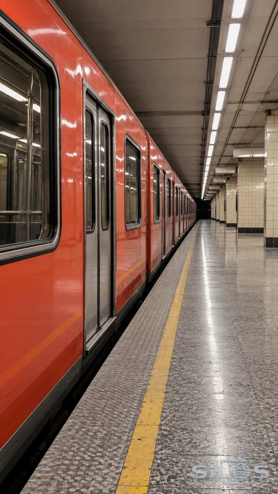 A coral-colored train waits beside a tiled underground platform beneath cool white lights