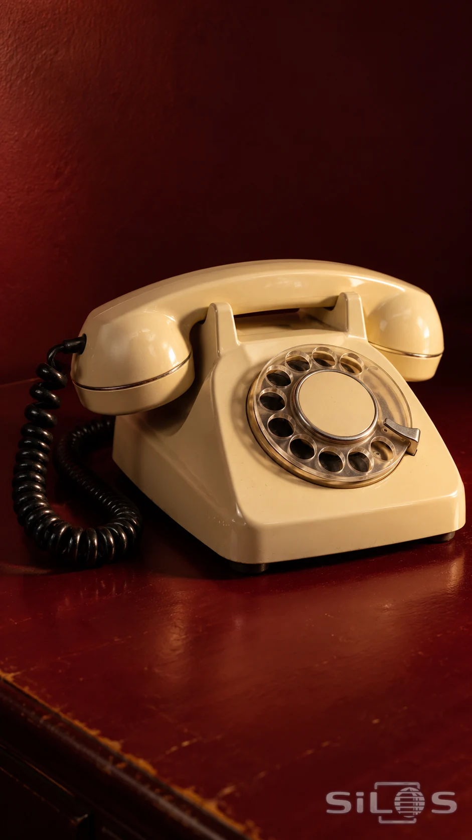 A cream rotary telephone casts a long shadow across a burgundy desk