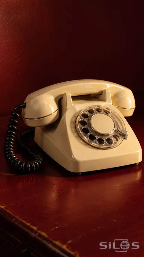 A cream rotary telephone casts a long shadow across a burgundy desk