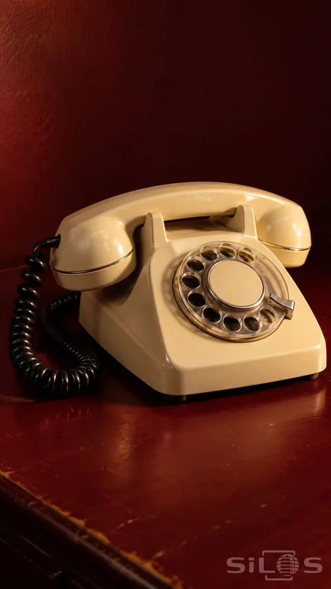 A cream rotary telephone casts a long shadow across a burgundy desk
