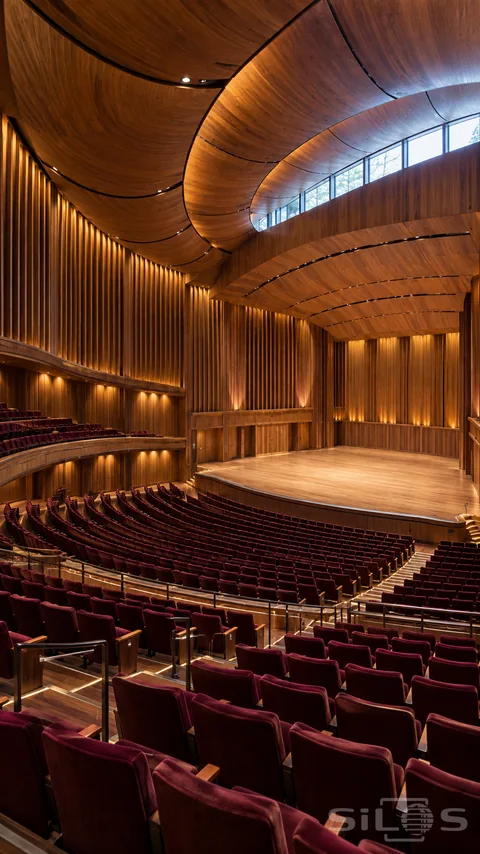 Sculpted timber walls curve above rows of deep red seats in an empty concert hall