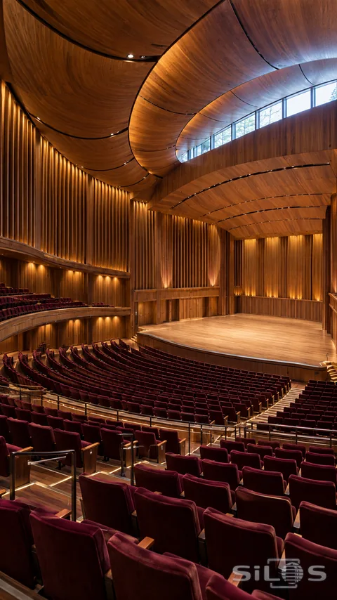 Sculpted timber walls curve above rows of deep red seats in an empty concert hall
