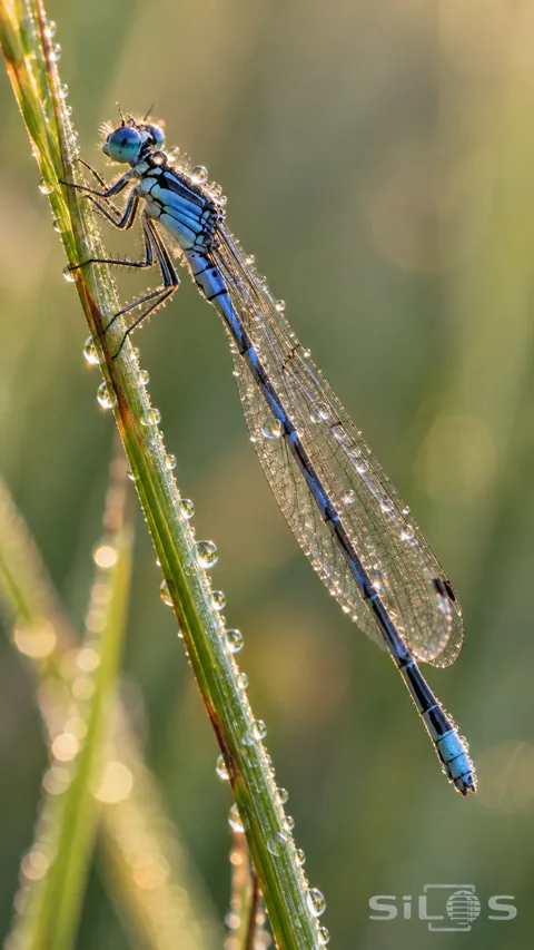 Dew beads catch the early light along a blue damselfly and its slender grass stem