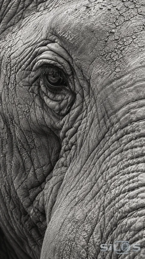 A close portrait of an elephant reveals a calm eye and the fine folds of weathered skin