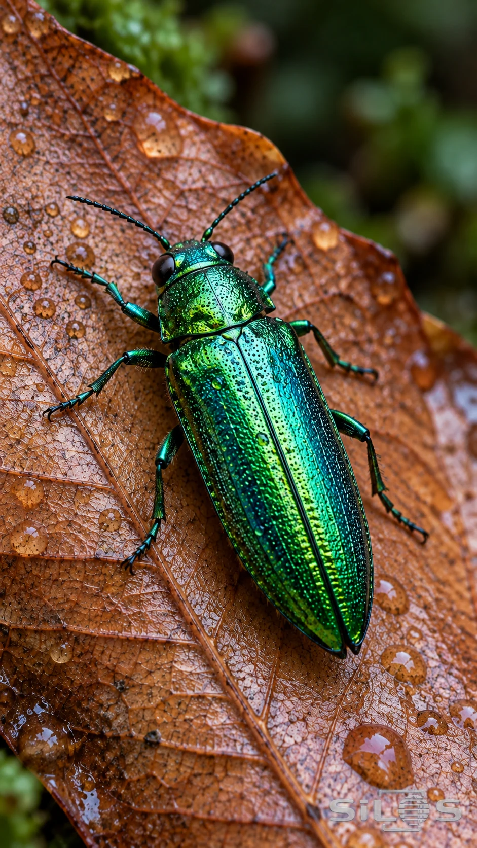 An iridescent green jewel beetle with six articulated legs rests on a rain-dappled copper-brown leaf