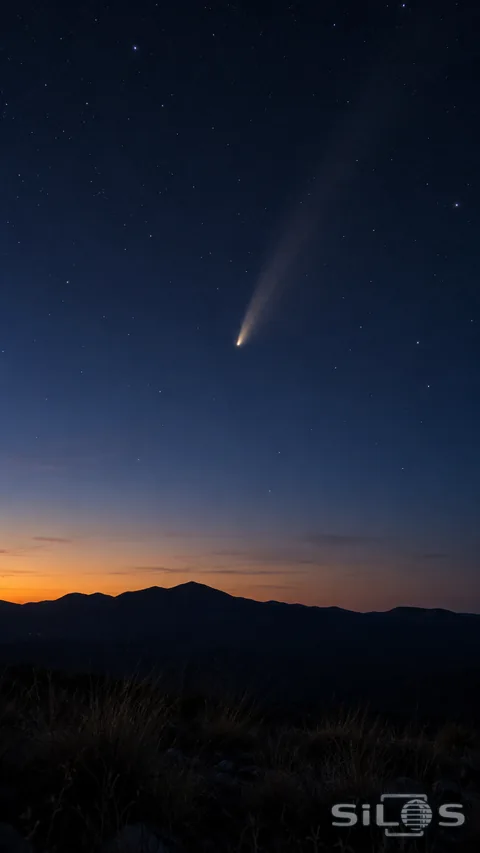 A faint comet tail rises above a dark ridge in a deep blue evening sky