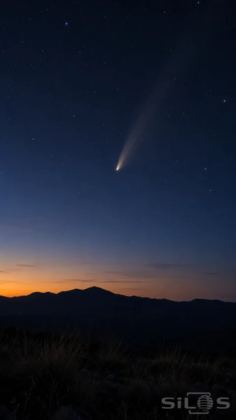 A faint comet tail rises above a dark ridge in a deep blue evening sky