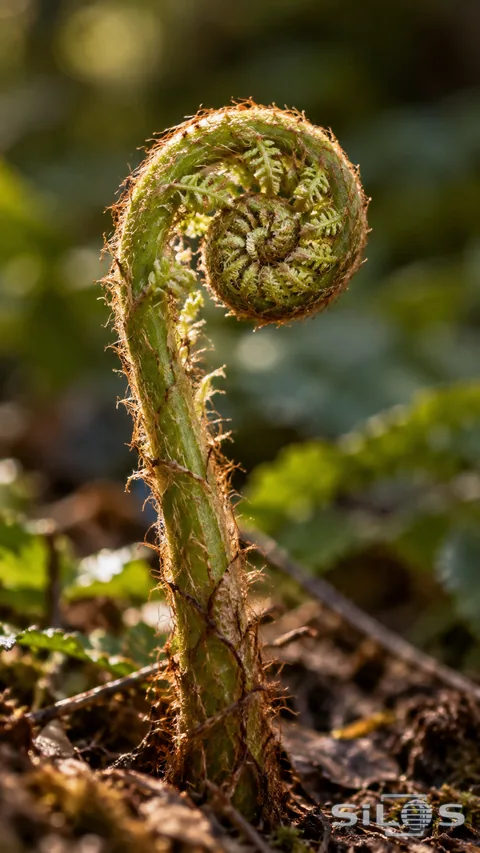 A young fern curl glows softly against the shaded forest floor