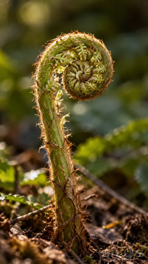A young fern curl glows softly against the shaded forest floor