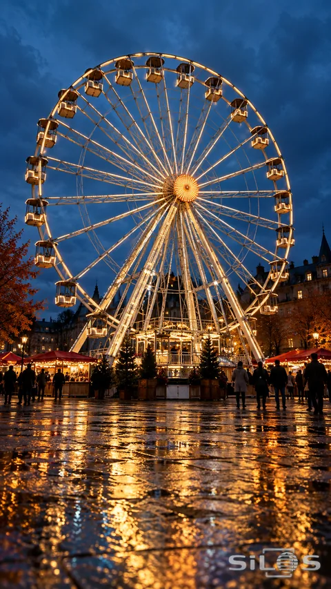 A glowing Ferris wheel rises above wet fairground pavement at dusk