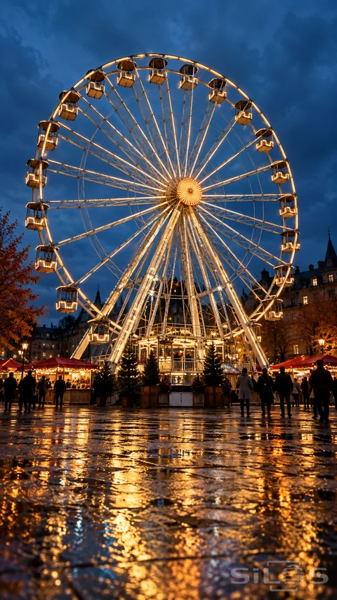 A glowing Ferris wheel rises above wet fairground pavement at dusk