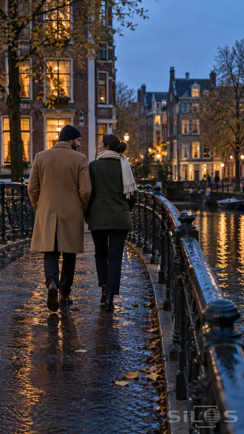 Two friends walk across a canal footbridge as city lights begin to glow
