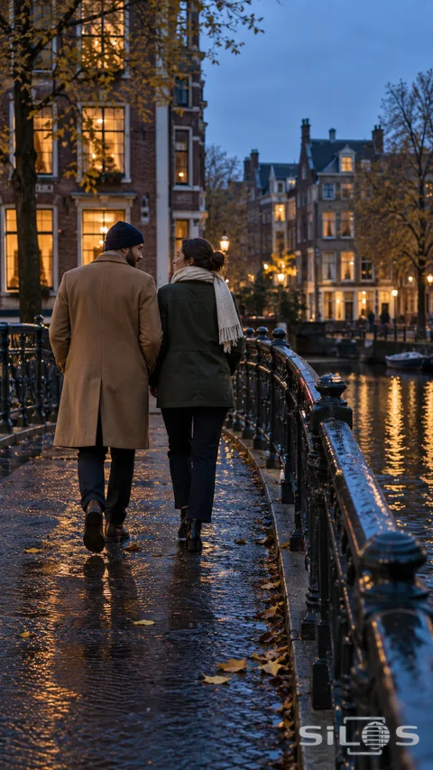 Two friends walk across a canal footbridge as city lights begin to glow