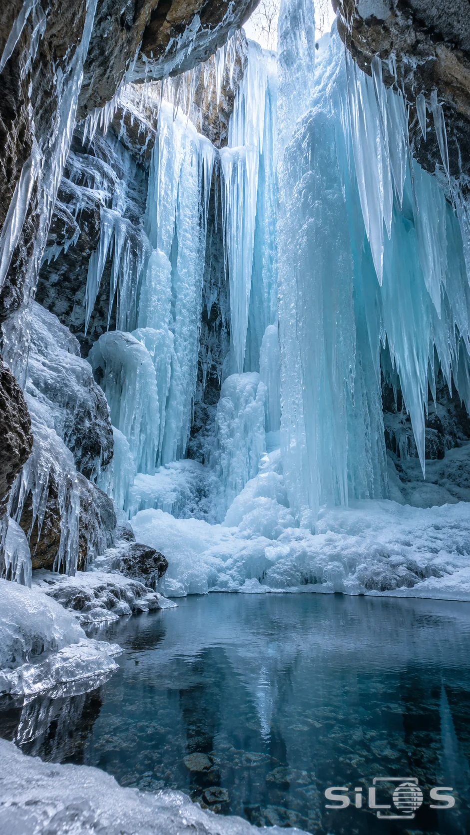 Long blue-white ice columns hang above a dark pool inside a frozen grotto