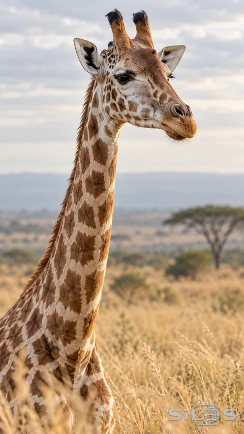 A giraffe rises above golden grass beneath a pale morning sky
