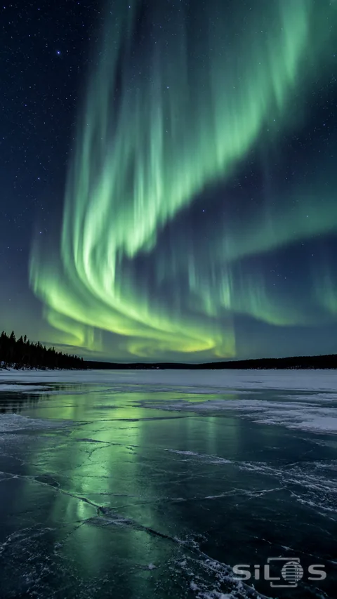Soft green aurora curtains rise above a frozen lake under a clear dark sky