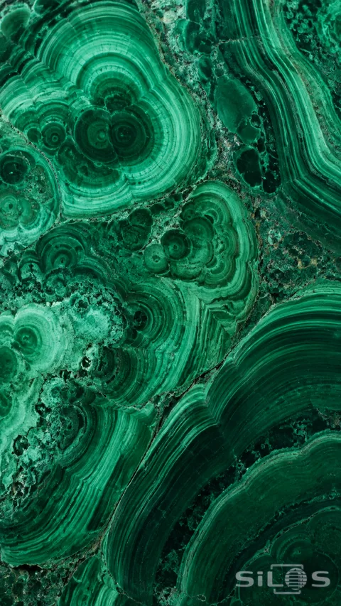Flowing green mineral bands cross the softly polished face of a malachite stone