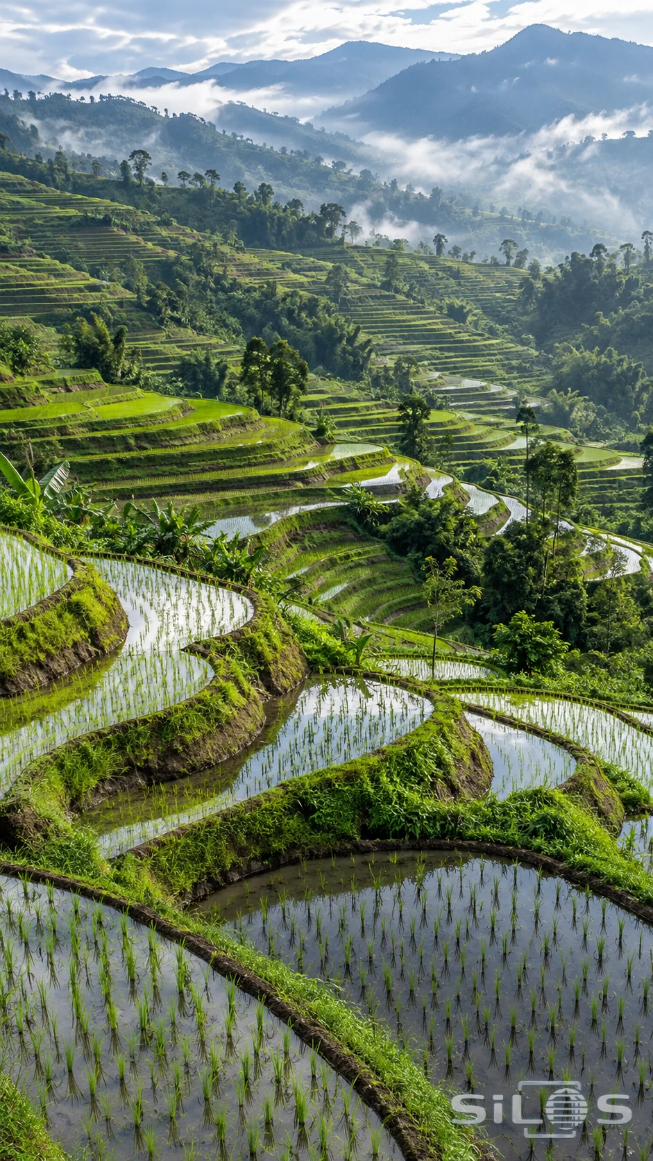 Green rice terraces curve across a hillside with narrow bands of reflected sky