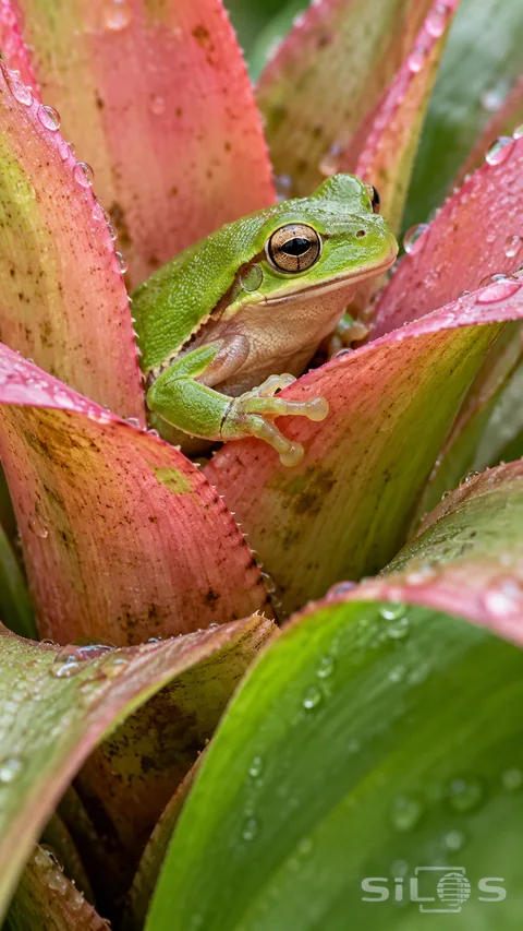 A small green frog rests among rain-speckled pink and green bromeliad leaves