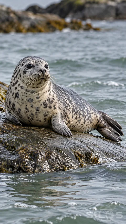 A spotted harbor seal rests on a smooth wet rock beside gray-green water