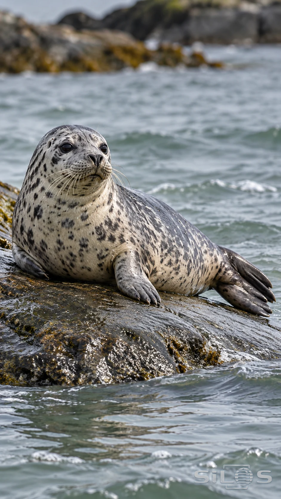A spotted harbor seal rests on a smooth wet rock beside gray-green water