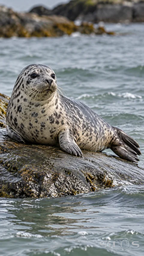 A spotted harbor seal rests on a smooth wet rock beside gray-green water