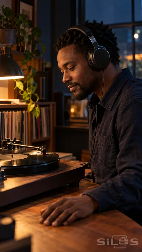 A music listener studies a record player in a softly lit listening room