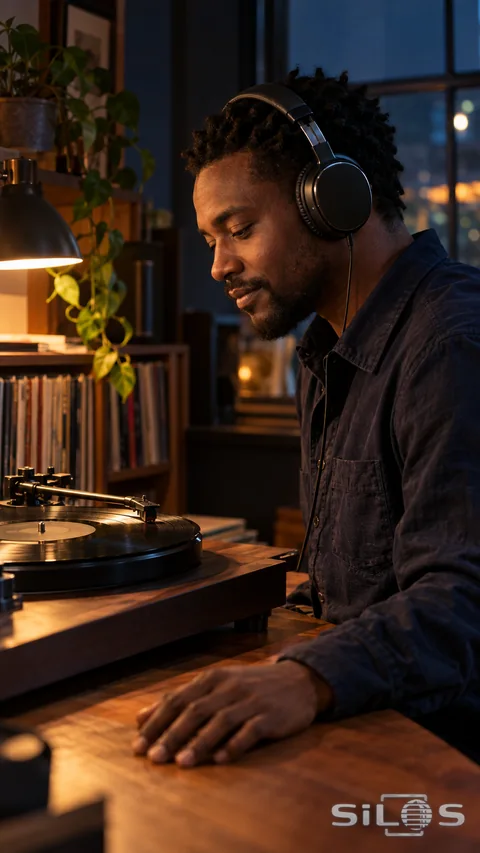 A music listener studies a record player in a softly lit listening room