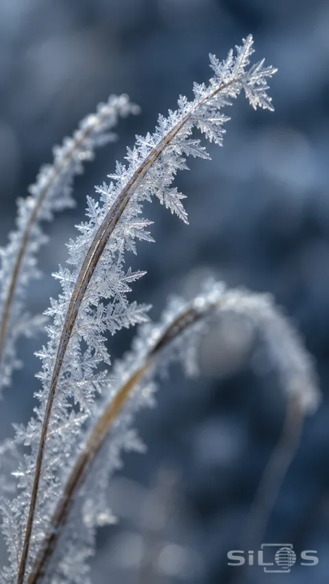 Fine frost crystals cling to arching grass blades in cool blue morning shade