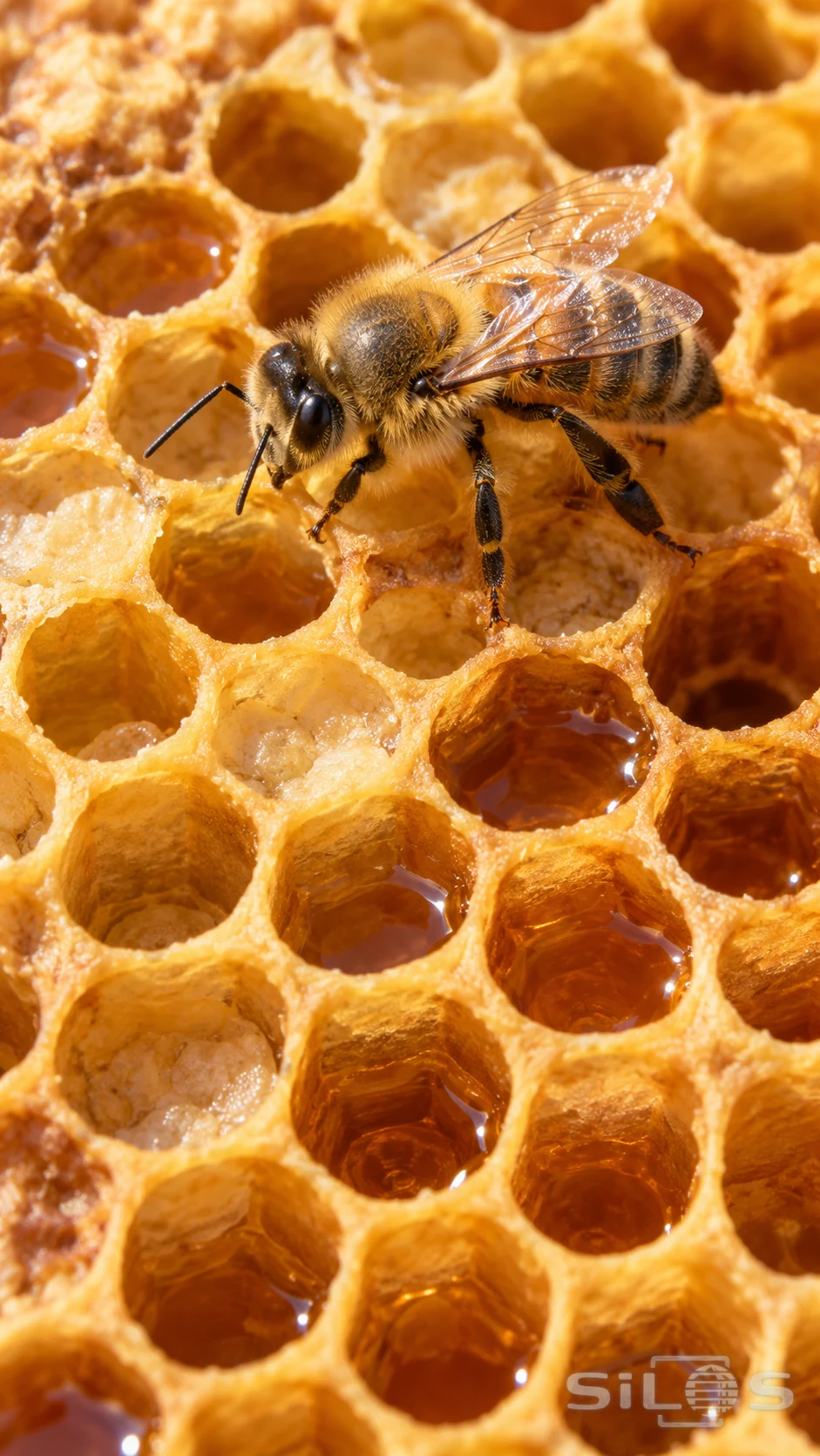 A honeybee crosses warm amber honeycomb with fine wing veins over hexagonal wax cells