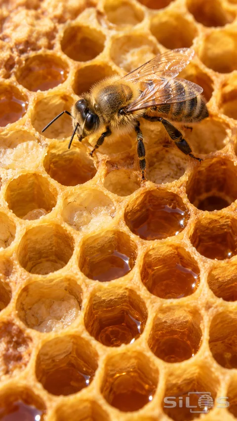 A honeybee crosses warm amber honeycomb with fine wing veins over hexagonal wax cells
