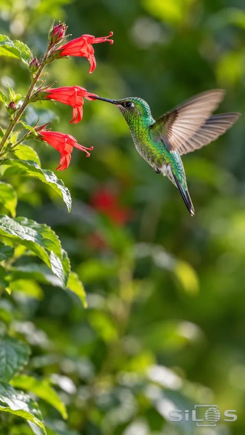 A hovering hummingbird pauses beside scarlet sage blossoms in fresh green light