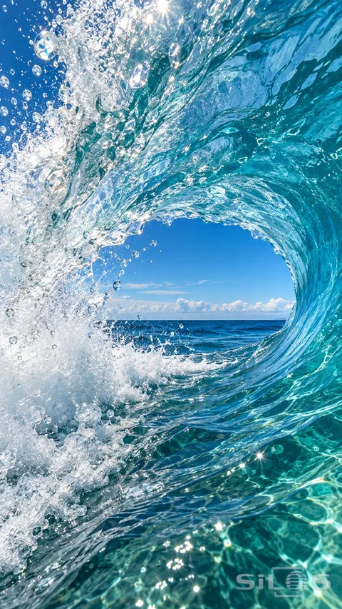 Sunlight filters through the smooth turquoise wall of a breaking wave beside bright white spray