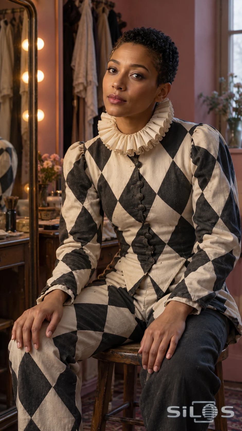 An adult performer in an ivory-and-charcoal harlequin costume pauses beside a dressing-room mirror