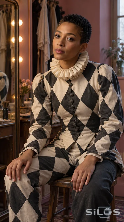 An adult performer in an ivory-and-charcoal harlequin costume pauses beside a dressing-room mirror