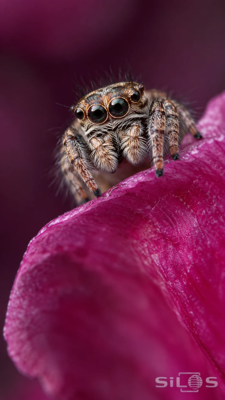 A tiny jumping spider pauses on the curled edge of a magenta flower petal